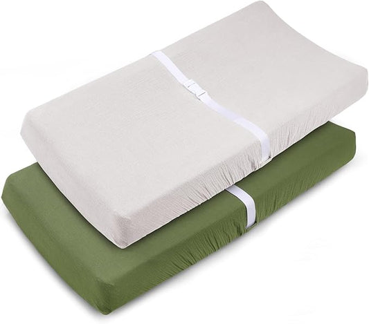Muslin Changing Pad Cover for Baby Girls Boys-2 Pack 17"x 33" Cotton Soft Breathable Diaper Changing Pad Cover-Breathable Changing Pad Sheets-Neutral Boho Baby Showers Gift-Olive Green & Beige Colors