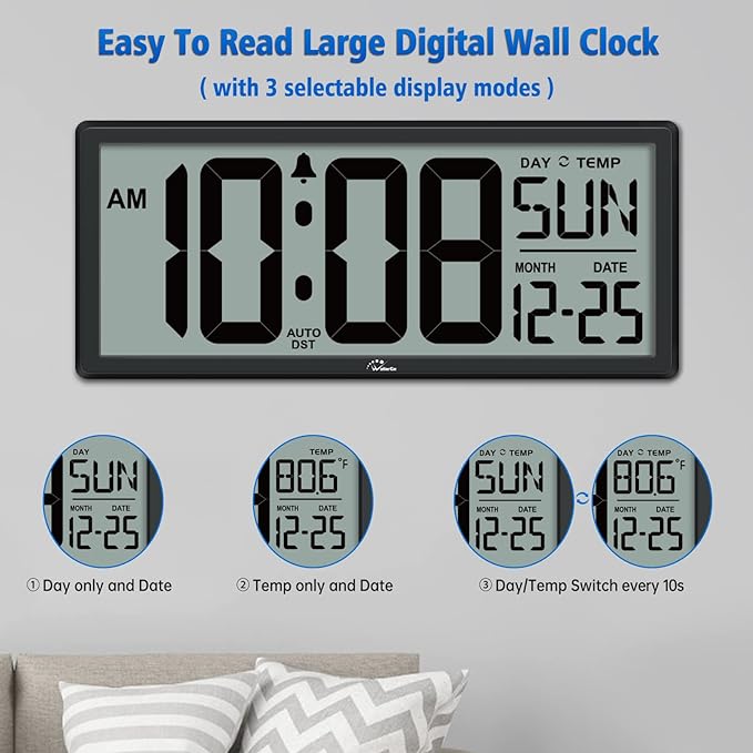 WallarGe 14.5'' Large Digital Wall Clock Battery Operated with Jumbo Numbers, Temperature and Date - Easy to Read and Set, Auto DST