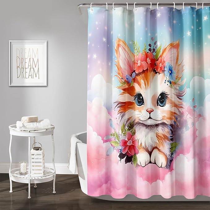AILONEN Kawaii Cat Shower Curtains,Pink Sky Flora Cat Bath Curtains Gifts for Cat Lover,Cartoon Cat Curtains,Polyester Waterproof with 12 Plastic Hooks 72" W*78" H