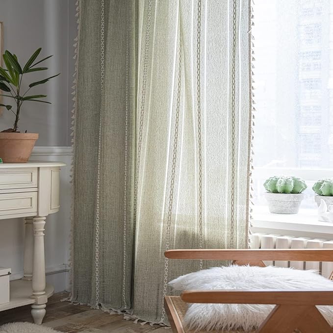 ColorBird Sage Green Boho Curtains for Bedroom 96 inch Length, 2 Panels Farmhouse Linen Curtains Living Room Darkening Drapes, Embroidered Country Window Curtain for Dining Nursery Closet