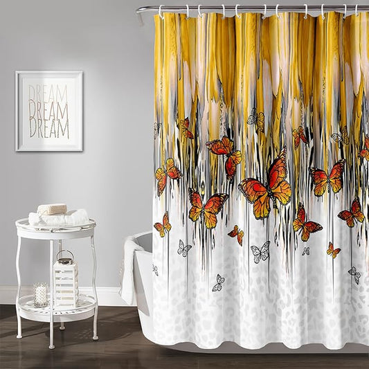 AILONEN Butterfly Shower Curtain for Bathroom Yellow Ink Fluid Painting Grey Leopard Bath Curtain 48" W*72" H Polyester Fabric Waterproof Bathroom Curtain with 12 Hooks