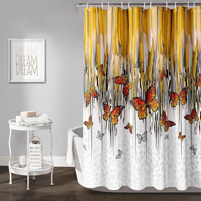 AILONEN Butterfly Shower Curtain for Bathroom Yellow Ink Fluid Painting Grey Leopard Bath Curtain 60" W*72" H Polyester Fabric Waterproof Bathroom Curtain with 12 Hooks