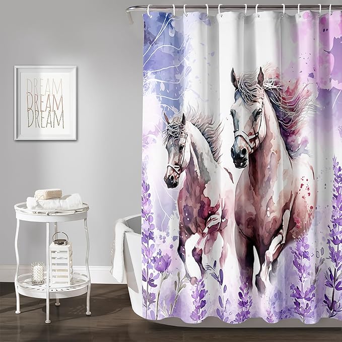 AILONEN Watercolor Flower Horse Shower Curtain,Galloping Horse Bath Curtain,Purple Lavender Horse Decoration Bathroom Curtain with 12 Plastic Hooks,Waterproof 36" W*72" H
