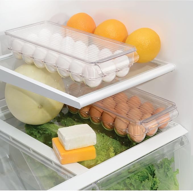 iDesign Plastic Egg Holder with Lid and Handle - Holds 21 Eggs - Set of 2 - Clear - Made in USA
