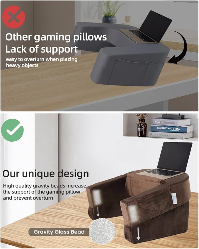 Weighted Idea Reading Pillow for Gaming, Meduim Gaming Pillow for Adult，Table Pillow with 2 Side Pockets for Gaming, Reading, Working Sitting in Bed Floor Sofa (Brown)