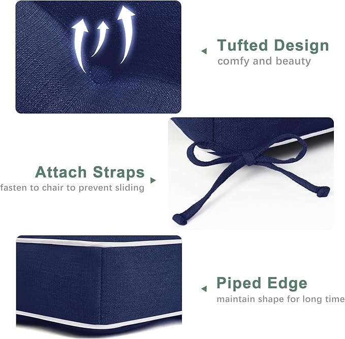 Favoyard Patio Chair Cushions 17 × 17 Inch Water Resistant & 3-Year Color Fastness Outdoor Chairs Cushion for Seat Dining Rocking Wicker Chair Cushion with Tie Straps Tufted Square Pads, Blue, 2 Pack