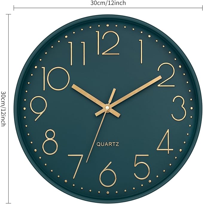 Lumuasky Wall Clock,Battery Operated Modern Analog Silent Non-Ticking Decorative Emerald Clock for School Office Classroom Bedroom Kitchen Living Room Nursery Decor (12 inch)