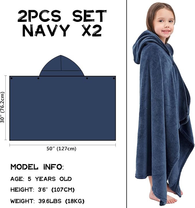 Hiturbo 2Pcs Kids Fleece Hooded Towel: Soft Plush Warm Blanket - 50"x30" Pool Beach Bath Swim Towel Wrap for 3-12 Yrs (Navy)