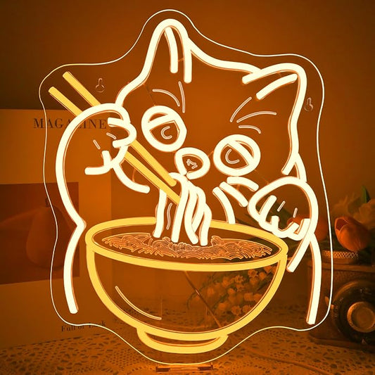 Ramen Cat Neon Sign Wall Decor, Cat Noodles Led Food Sign Dimmable Noodle Anime Fortune Cat Light Up Suitable For Baby Girls Room Japanese Resturant Home Bar Kitchen Dinning Bedroom Art Decor Gifts