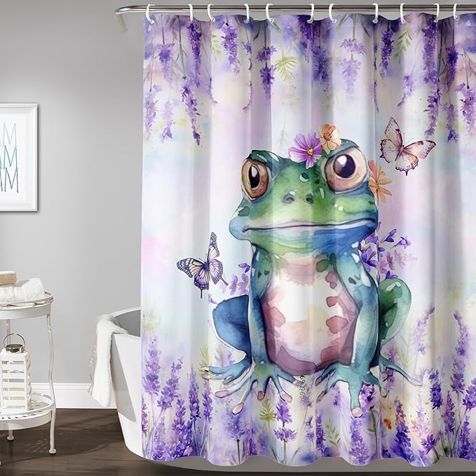 AILONEN Frog Shower Curtain, Tie Dye Lavender Flower Bath Curtain,Tie Dye Frog Bathroom Curtain Decor,Cute Frog Polyester Waterproof 72" W*72" H Shower Curtain (12 Hooks)