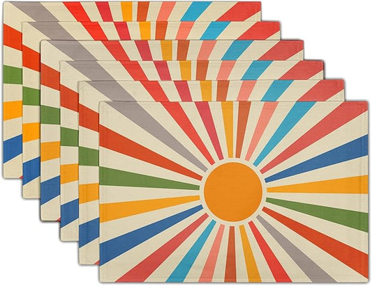 Colorful Boho Placemats Set of 6 Rustic Retro Rainbow 70s Sun Linen Washable Kitchen Dining Table Mats Stain Heat-Resistant Desktop Decor Place Mats for Home Party Indoor 12x18 in