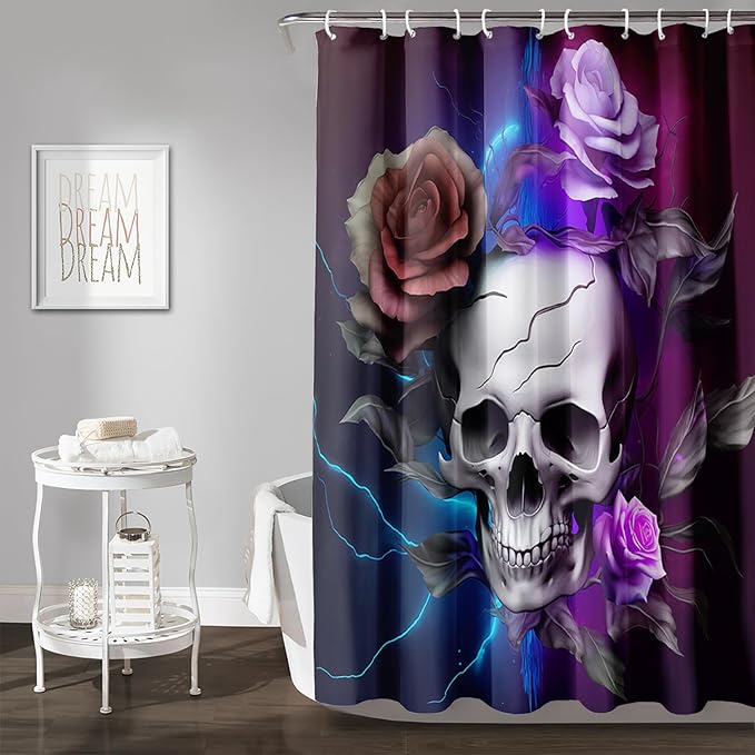 AILONEN 3D Skull Shower Curtain,Purple Rose with Skeleton Design Shower Curtain Set with Hooks for Boys Girls Teens,Gothic Skull with Light Waterproof Fabric Shower Curtain for Bathroom,72" W*84" H