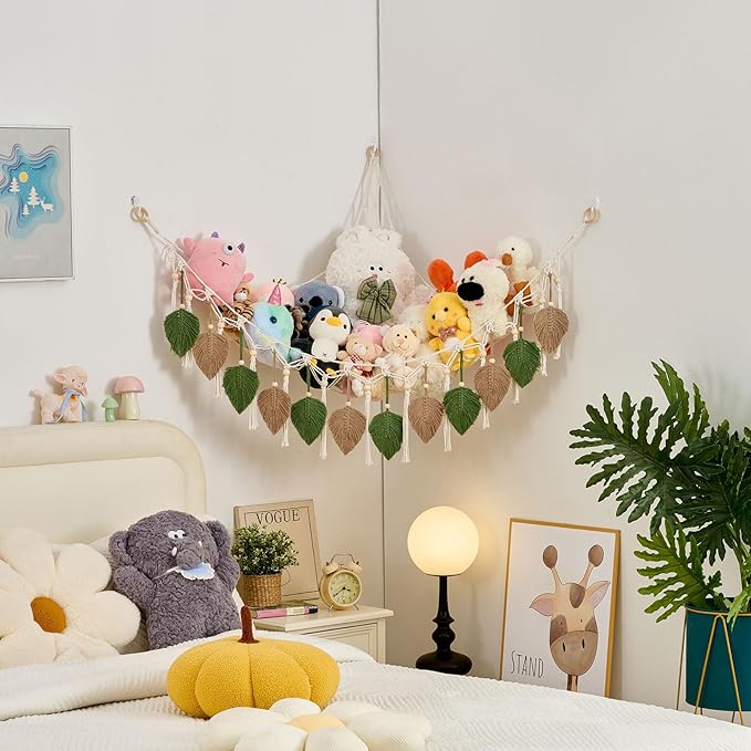 Pretty Jolly Macrame Leaf Wall Hanging Storage Hammock, 59" Boho Corner Organizer with Tassels, Stuffed Animal Plush Holder for Kids Room Nursery Decor (Avocado Green & Milk Coffee)