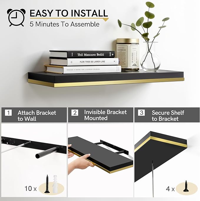 Gronda Floating Shelves for Wall, 23.6 Inch Black Floating Shelves Modern Home Decor Hanging Storage Organizer with Invisible Bracket Wall Mount for Bedroom Living Room Bathroom Kitchen, Set of 2