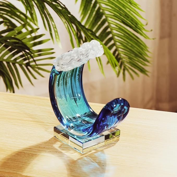 Hand-Blown Glass Wave Decor Murano-Style Glass Statue and Figurine