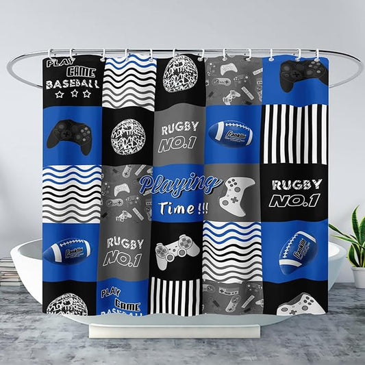 AILONEN Gamepad Shower Curtain,Navy Blue Ball Sports Bathroom Shower Curtain Sets for Boys Kids Teens, 72" W*84" H Gaming Gamer Theme Shower Curtain for Bathroom