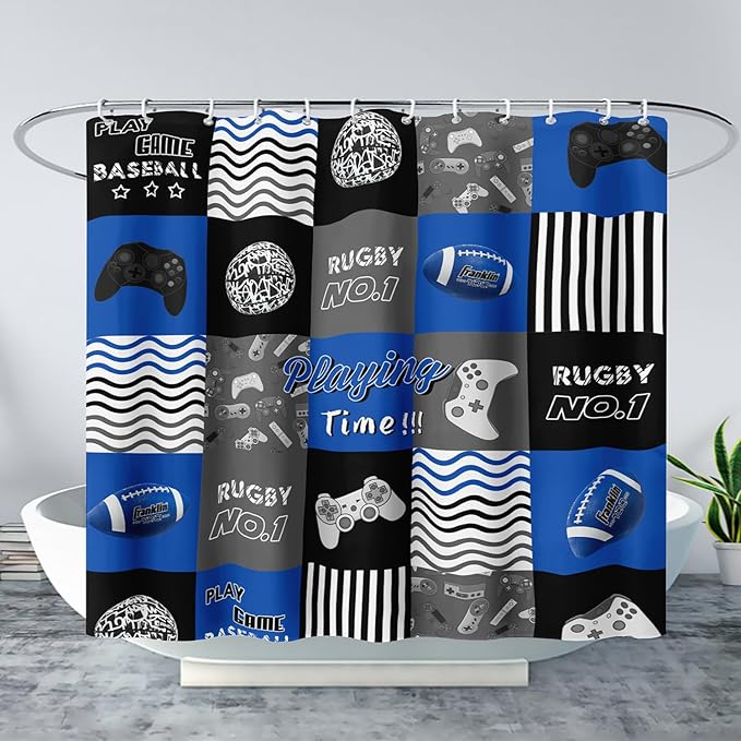 AILONEN Gamepad Shower Curtain,Navy Blue Ball Sports Bathroom Shower Curtain Sets for Boys Kids Teens, 72" W*96" H Gaming Gamer Theme Shower Curtain for Bathroom