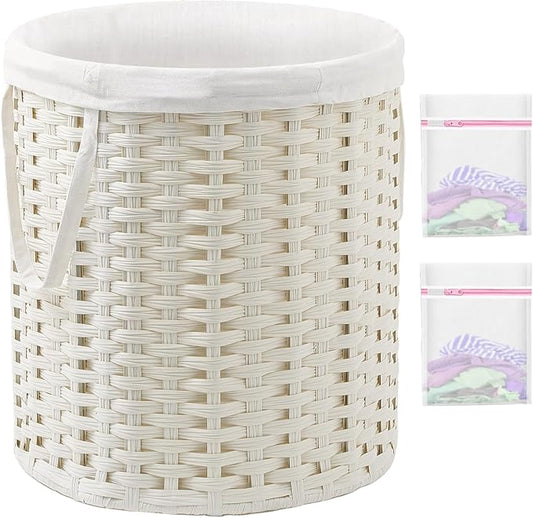 Laundry Hamper Round 26.5 Gal (100L) Handwoven Rattan Laundry Basket, Large Wicker Laundry Hamper with Removable Laundry Bag Handles 2 Mesh Bags for Bathroom Living Room White
