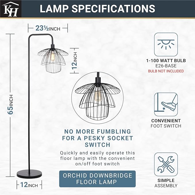 Kenroy Home Orchid Downbridge Black Floor Lamp with Curved Shade and Energy-Efficient Lighting for Living Rooms, Bedrooms, and Home Offices