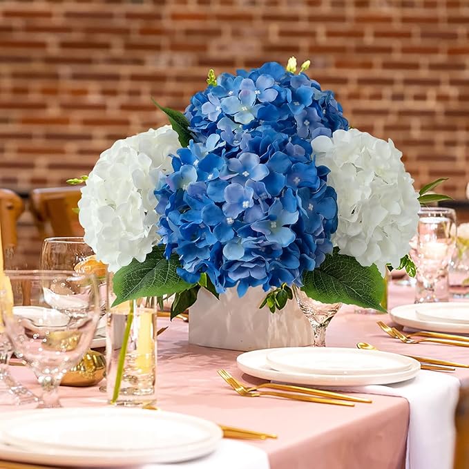Royal Blue Fake Hydrangea Artificial Flowers, 5Pcs 20Inch Large Lifelike Silk Artificial Hydrangeas, Full Fake Flowers for Bouquet Table Centerpieces Wedding Indoor Home