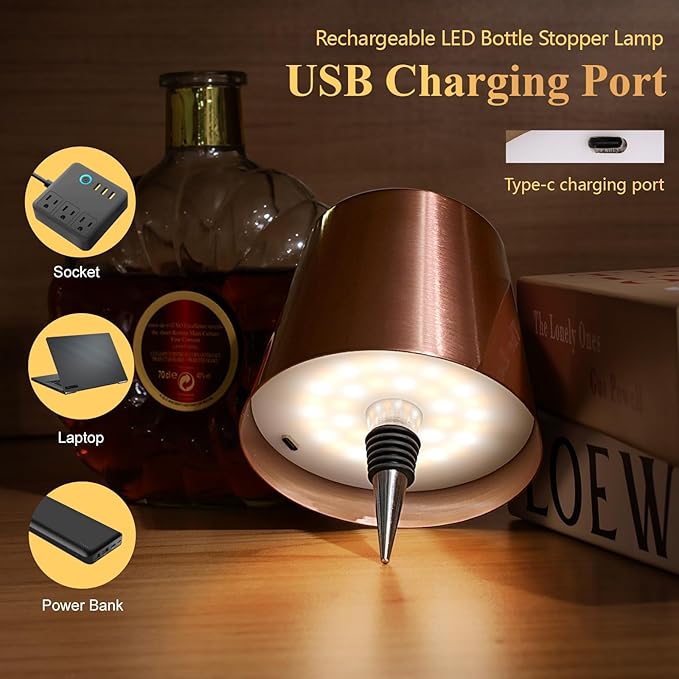 Wine Bottle Lamp, 2025 New 3 Color Rechargeable Wireless Bottle Lamp for Liquor Bottles with Touch Dimming for Parties, Restaurants & Home Decor (Rose Gold)