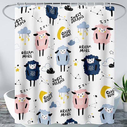 AILONEN Cute Sheep Shower Curtain for Bathroom,Constellation Star Clouds Printed Bath Curtain,Blue Pink Sheep Kids Curtain Waterproof with 2 Plastic Hooks 72" W*96" H