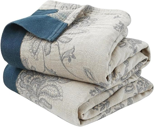 Boho Muslin Throw BlanketsQueen Size for Bed, Ultra Woven Cotton Throw Blankets for Farmhouse,Picnic,Travel, Lightweight Reversible Fall Blankets Cotton Home Docor Throw Blankets 80"x90"