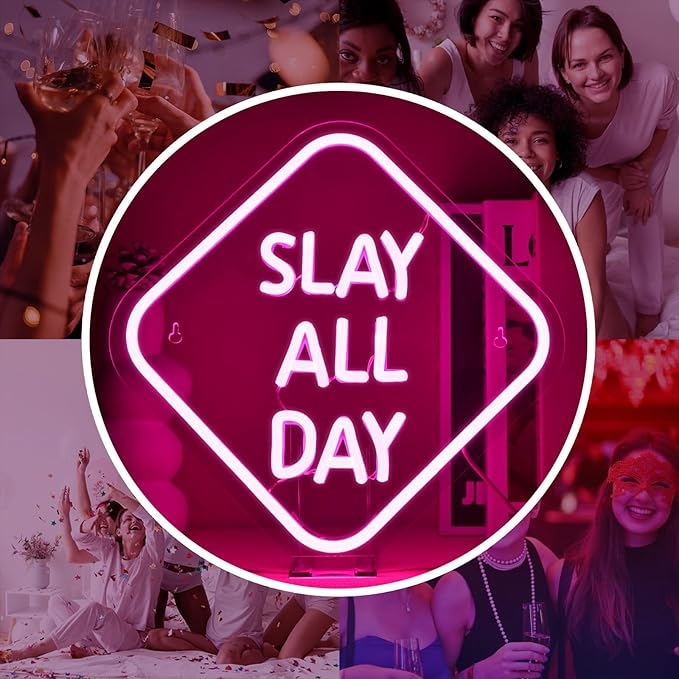Slay All Day Neon Sign Pink Led Neon Light For Wall Decor Slay Queen LED Neon Light Aesthetic Preppy Girl Dimmable Light Up Sign For Bedroom Room Dorm Y2k Party Teen Girls Gifts