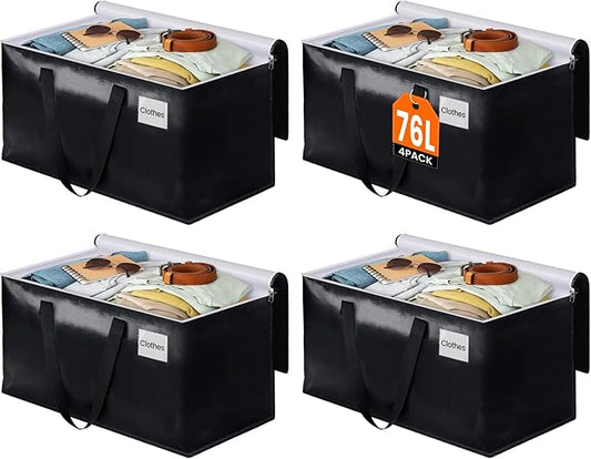 BlissTotes Moving Bags, Heavy Duty Moving Boxes with Zippers Top and Sturdy Handles, Storage Bags for Space Saving and Packing, Collapsible Moving Supplies, Storage Totes (76L, 4-Pack, Black)