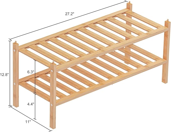 Shoe Rack, 2-Tier Bamboo Stackable Shelf Storage Organizer, Stand for Closet, Entryway, Hallway, Bathroom and Living Room（Natural）