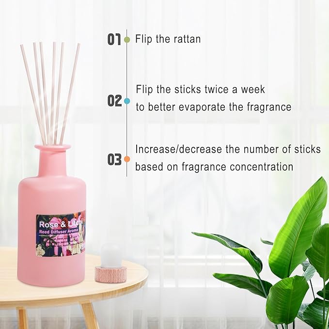 Reed Diffuser Set - Rose & Litchi Essential Oil, 6.8fl oz/200ml Sweet Floral Aroma Scented Oil, Large Capacity Color Bottle, Home Aromatherapy for Bedroom Bathroom Office Shelf Decor