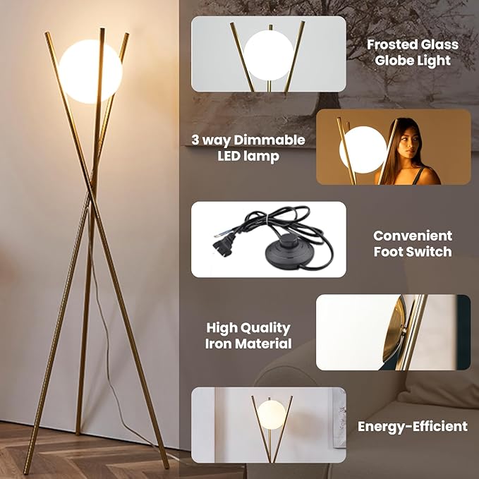 Solstice Modern Frosted Glass Globe Floor Lamp (165cm) Contemporary LED Dimmable Lighting for Bedroom, Living Room, Hotel & Home Office (Gold)
