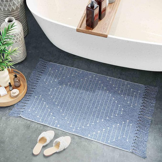 LIVEBOX Boho Bathroom Rug 2' x 3' Washable Blue Rugs Small Moroccan Throw Rug for Bath,Cotton Woven Area Rug Carpet with Tassel for Entryway Kitchen Sink Front Door