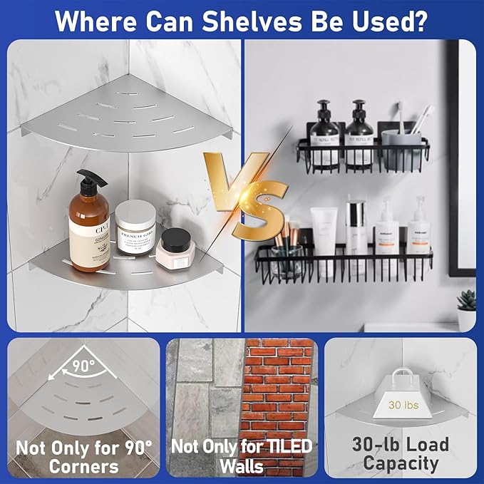 2 Pack Corner Shower Shelves 304 Stainless Steel Brushed Nickel Bathroom Corner Shower Shelf 8 in Drilling Installation