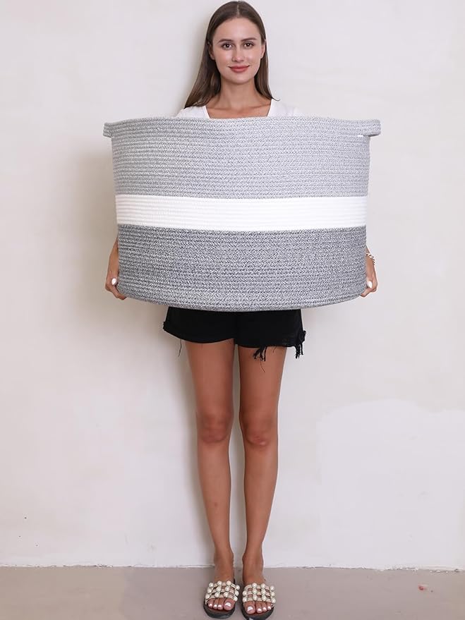 24" x 24" x 17" Mega Size Extra Large Storage Basket, Cotton Rope Storage Baskets, Woven Hamper, Cloth Storage Bin, for Clothes Blanket, Dual Grey