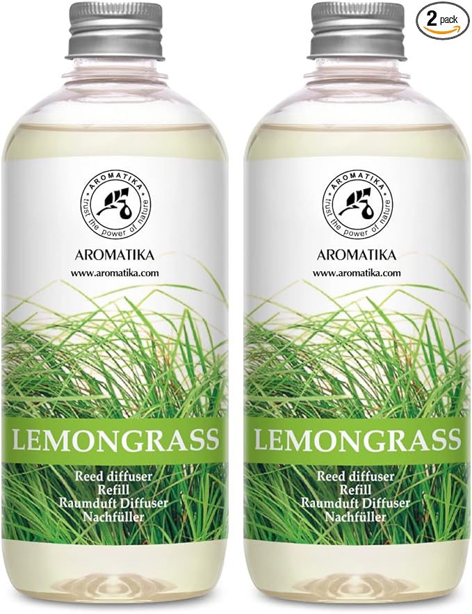 Lemongrass Diffuser Refill 34 Fl Oz (2x17 Fl Oz) - Fresh & Long Lasting Fragrance - Refill with Natural Essential Lemongrass Oil - for Aromatherapy - Spa - Home - Reed Diffuser Oil Refill Lemongrass