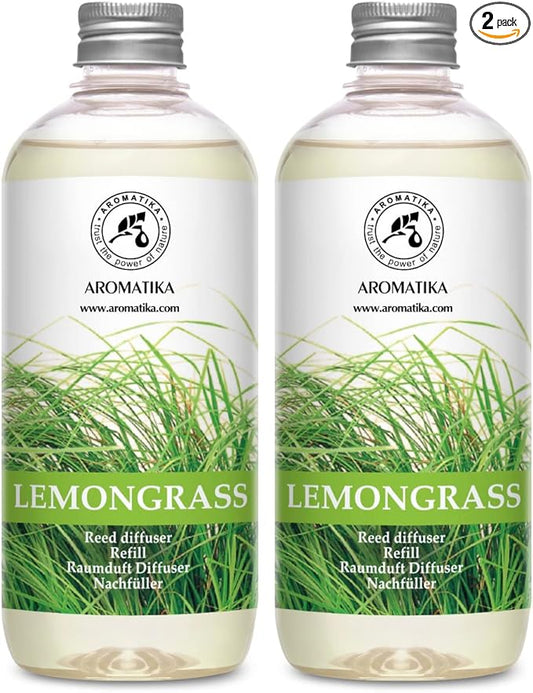 Lemongrass Diffuser Refill 34 Fl Oz (2x17 Fl Oz) - Fresh & Long Lasting Fragrance - Refill with Natural Essential Lemongrass Oil - for Aromatherapy - Spa - Home - Reed Diffuser Oil Refill Lemongrass