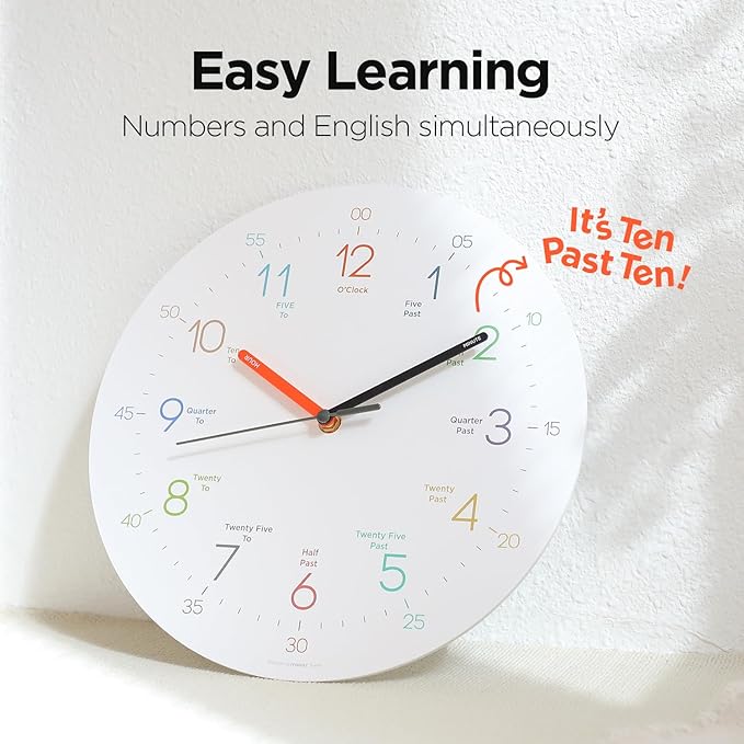 mooas Kids Easy Learning Flatwood Wall Clock,12" Wood Clock for Kids Learning Non-Ticking Sweep Movement Decorative Clock Battery Operated Wall Clock for Home Living Room Bedroom School