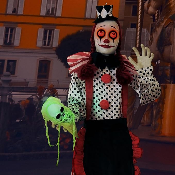 Haunted Hill Farm Life-Size Scary Talking Clown Girl, Creepy Halloween Prop with Touch Activated Lights, Poseable, Battery Operated Indoor or Covered Outdoor Halloween Decorations