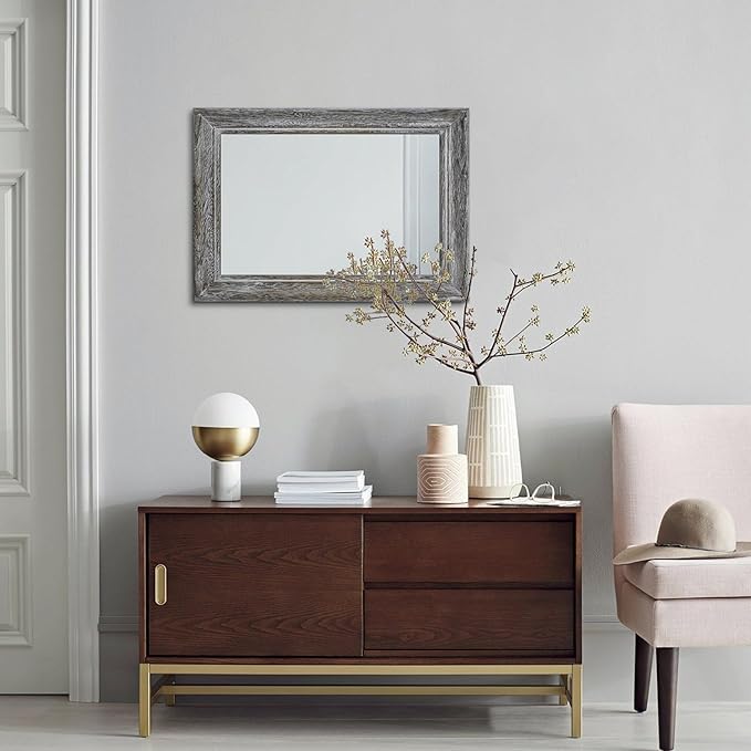 Wooden Mirror with Rectangle Framed Rustic Hanging Mirrors for Farmhouse Bathroom Bedroom Living Room Home Decor Large 20"x16"