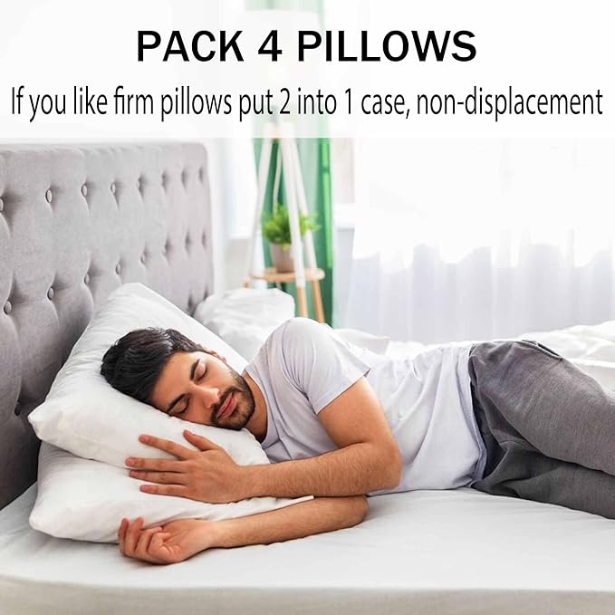 Thin Flat Soft Bed Pillows King Size Set of 4 Pack for Sleeping 20"x36", Hypoallergenic Skin Friendly Microfiber Filling Machine Washable