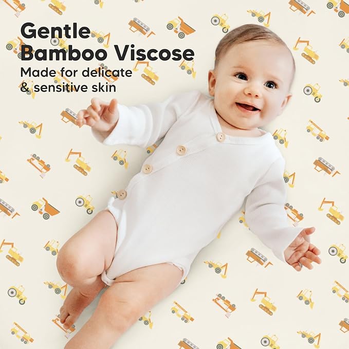 Pack and Play Sheets Fitted, 2-Pack Mini Crib Sheets - Pack N Play Sheets, Organic Fitted Crib Sheet for Pack and Play Mattress, Playard Baby Crib Sheets, Crib Sheets Neutral for Boys (Construction)