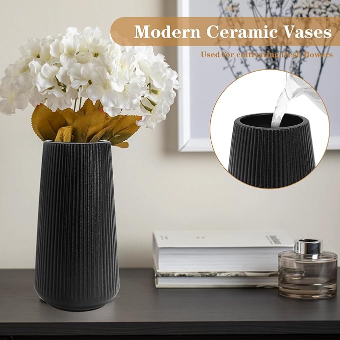 Black Ceramic Vase, GUKJOB Cute Flower Vase for Pampas Grass, Home, Living Room, Dining Table, Farmhouse, Office Decor, Bedroom, Table, and Kitchen Shelf (XL Black)