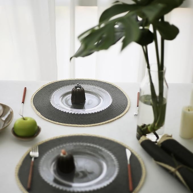 Noctiflorous Round Braided Placemats Set of 4 Table Mats 15 Inches Washable Heat Resistant for Dining Table Non-Slip Indoor Outdoor Place Mats for Easter(01 Charcoal Grey 4)