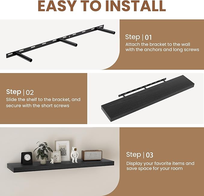 Fun Memories 48" Black Floating Shelves, 9.3 Inch Deep Floating Shelves for Wall, Rustic Wooden Wall Shelves for Home Decor, Large Fireplace Mantel for Storage, Deep Floating Shelf Set of 1