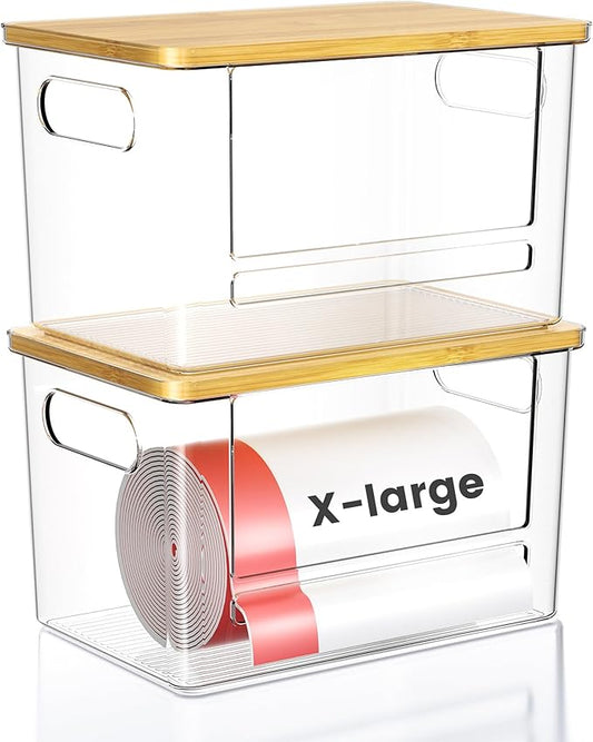 Trash Bag Dispenser 2-Pack, Stackable Trash Bag Holder with Bamboo Lid – Clear Plastic Garbage Bag Organizer for 13/30/33 Gal Bags, Space-Saving Under Sink Organizer for Kitchen, Laundry, Pantry