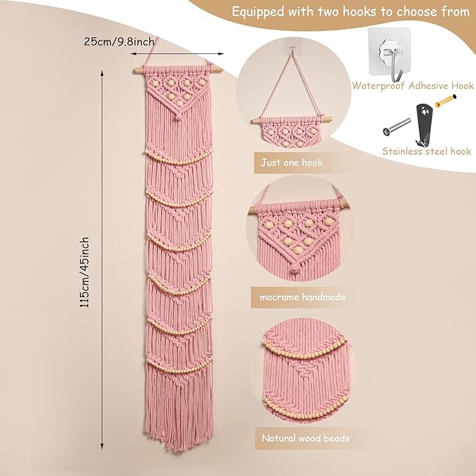 Ball Cap Hanger-1 Pack-Boho Macrame Cap Holder Wall Hat Organizer for Baseball Cap Holder Over Door, Hat Rack for Wall, Cap Rack for Decoration and Display(Pink)