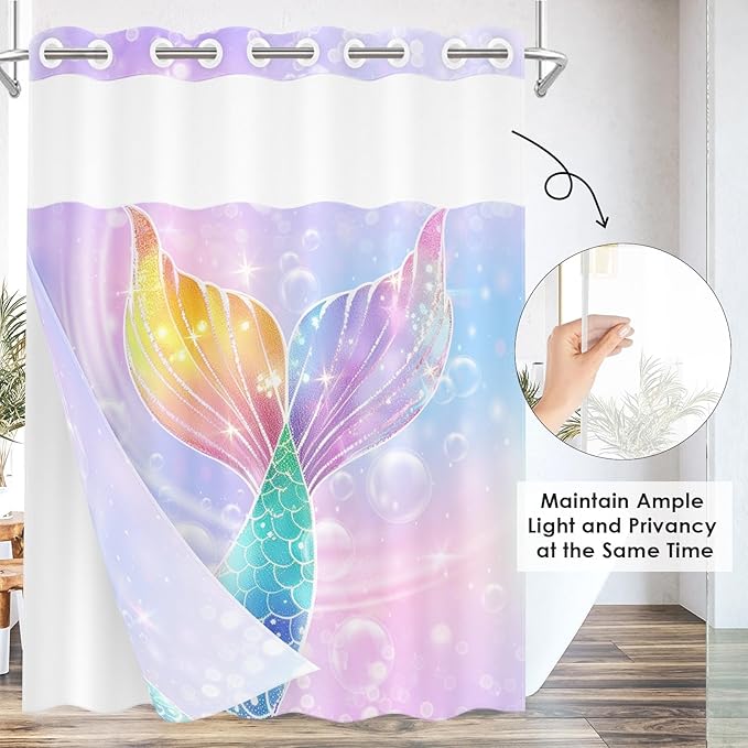 Mermaid Galaxy Summer No Hook Shower Curtain with Snap in Liner, Pink Purple Kids Girl Bath Curtain with Double Layers Waterproof Fabric and Mesh Top Window 71x74 Inch