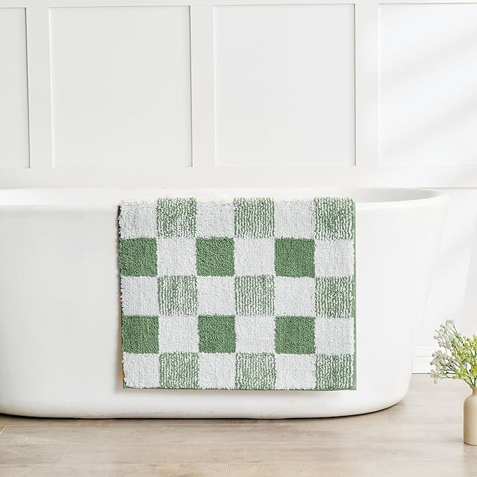CozeCube Green Checkered Bath mats Non Slip, Fluffy Absorbent Microfiber Runner Bath mat Washable, Aesthetic Bathroom Rugs, Long Bath mat for Bathroom Floor, 59" x 24"