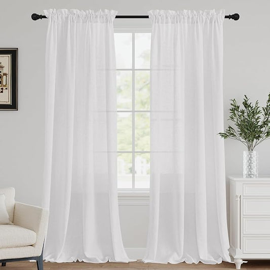 FantasDecor White Linen Curtains for Living Room 96 inch Length Rod Pocket Flax Linen Burlap Semi Sheer with Light Filtering Privacy Window Treatments for Bedroom, W52 x L96, White